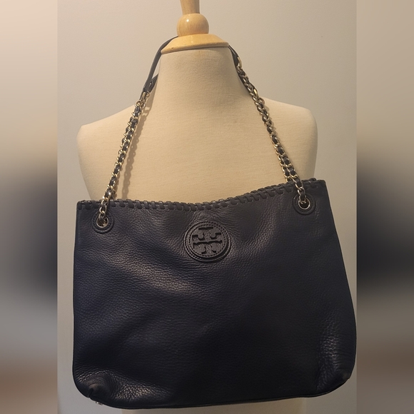 Tory Burch Marion Large Pebble Leather Shoulder Bag Chain Straps Navy - Picture 1 of 11